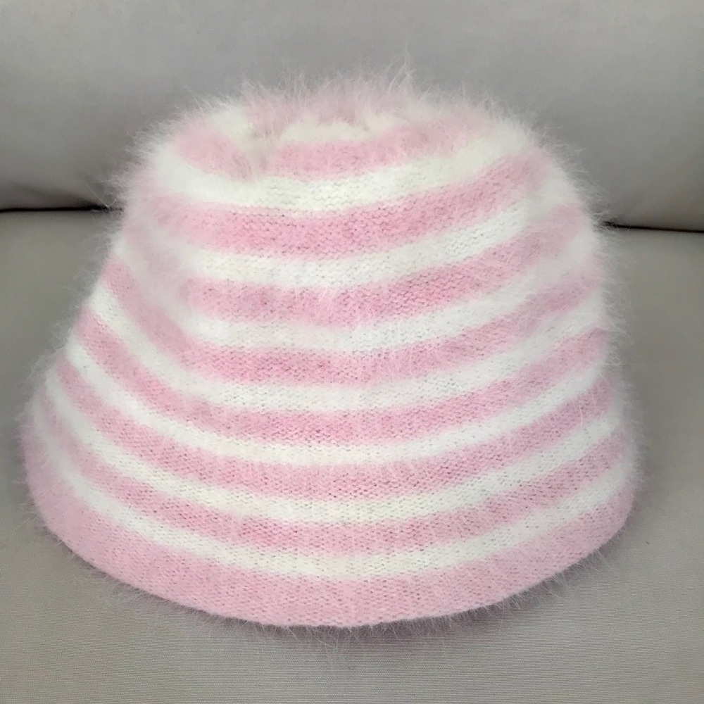Pink and ivory striped angora hat